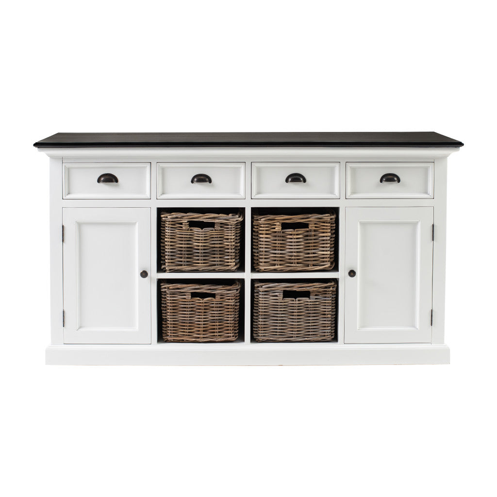 66" White And Black Solid Wood Paneled Four Drawer Buffet Table with Two Doors