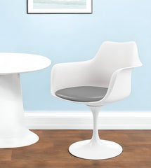 White Heavy Duty Plastic Swivel Dining Arm Chair With Gray Faux Leather Cushion