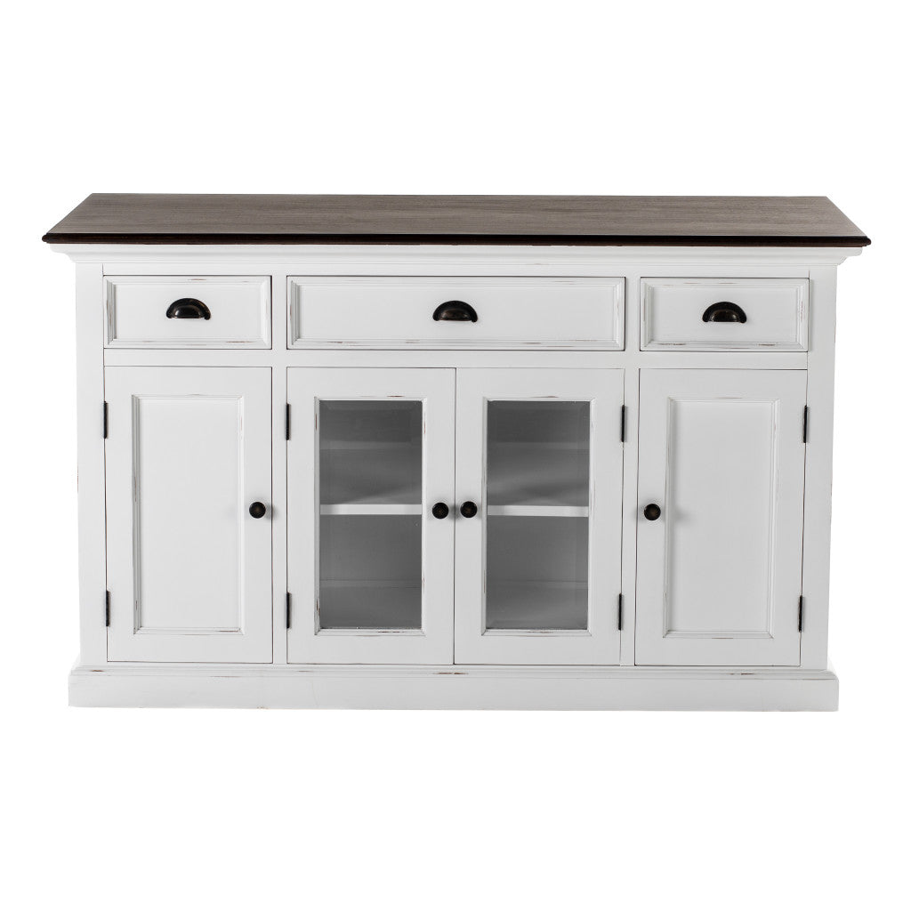 60" White And Black Solid Wood Paneled Three Drawer Buffet Table with Four Glass Doors