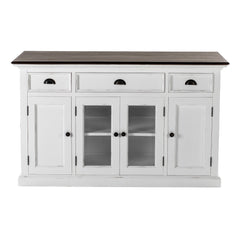 60" White And Black Solid Wood Paneled Three Drawer Buffet Table with Four Glass Doors