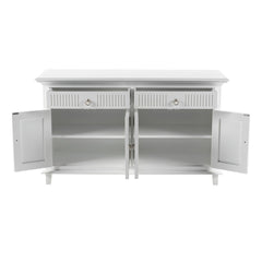 59" White Solid Wood Paneled Two Drawer Buffet Table with Four Doors