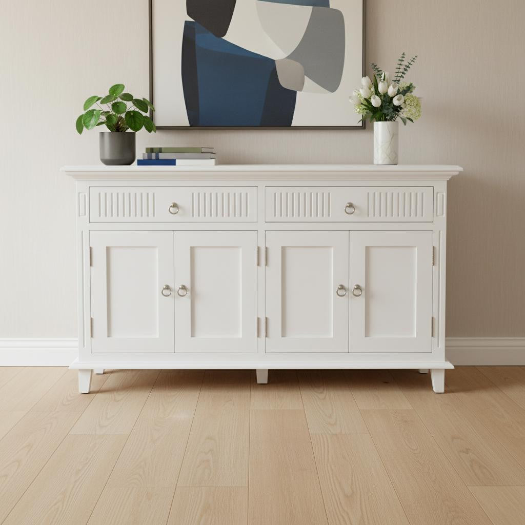 59" White Solid Wood Paneled Two Drawer Buffet Table with Four Doors