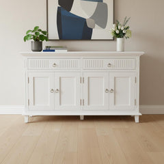 59" White Solid Wood Paneled Two Drawer Buffet Table with Four Doors