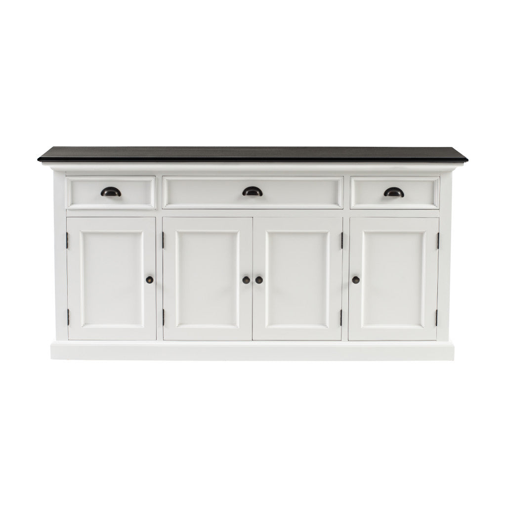 65" Antiqued White Solid Wood Three Drawer Buffet Table with Four Doors