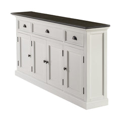 65" Antiqued White Solid Wood Three Drawer Buffet Table with Four Doors