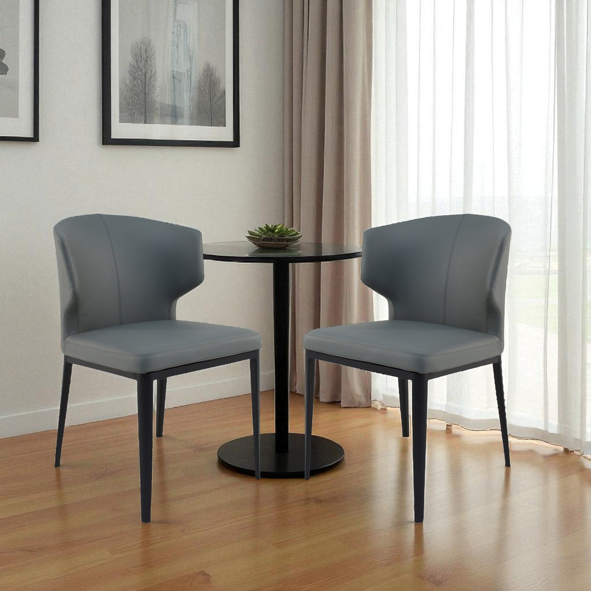 Set of Two Gray and Black Upholstered Faux Leather Wing Back Dining Side Chairs