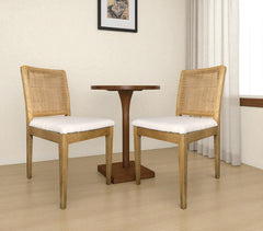 Set of Two White and Natural Upholstered Fabric Dining Side Chairs