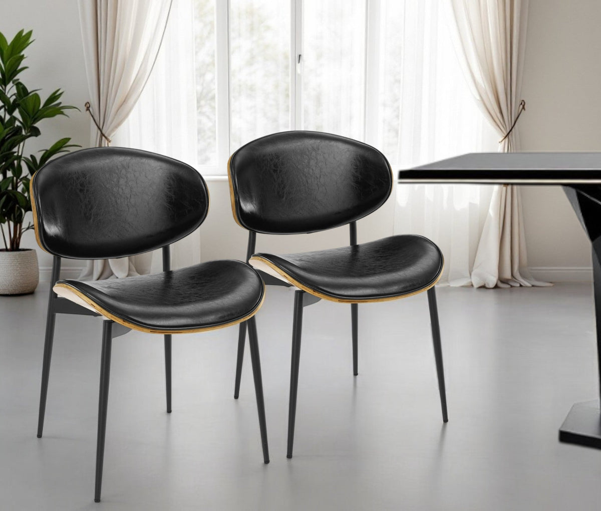 Set of Two Black Faux Leather and Wood Partially Open Back Dining Side Chairs