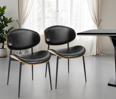 Set of Two Black Faux Leather and Wood Partially Open Back Dining Side Chairs