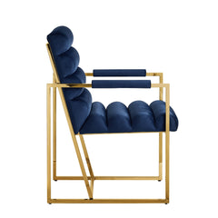 Set of Two Tufted Navy Blue And Gold Upholstered Velvet Dining Arm Chairs
