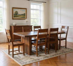 Seven Piece Brown Solid Wood Dining Set with Six Chairs