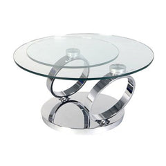 32" Clear And Silver Glass And Metal Round Coffee Table
