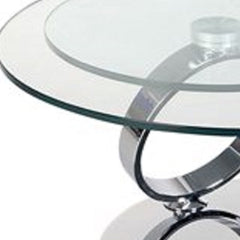 32" Clear And Silver Glass And Metal Round Coffee Table