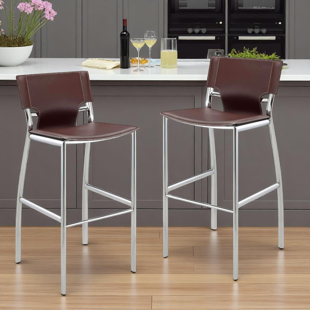 Set of Two 29" Brown and Silver Metal and Faux Leather Low Back Bar Height Bar Chairs