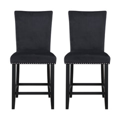 Set of Two 25" Black Wood and Velvet Counter Height Bar Chairs
