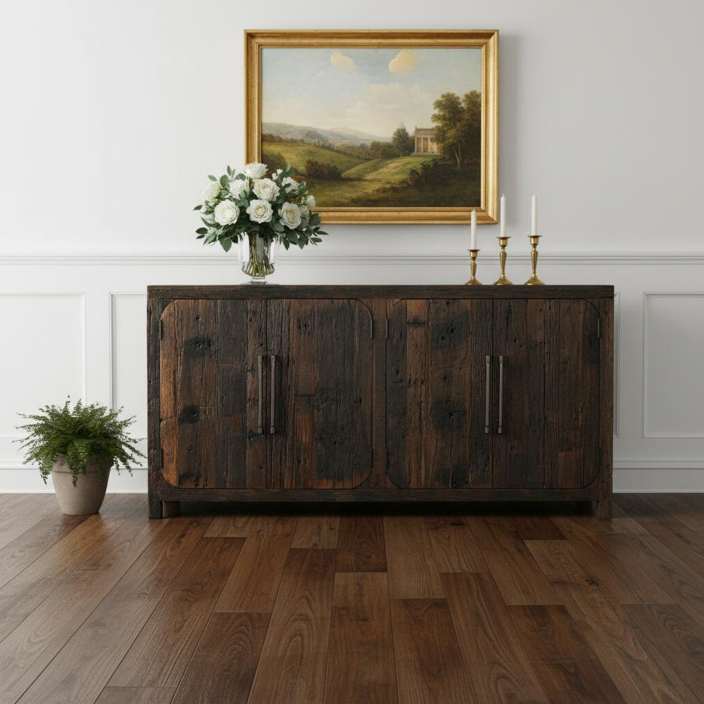72" Dark Brown Distressed Reclaimed Wood Sideboard with Four Doors