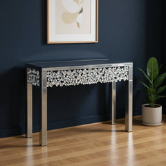 47" Silver Mirrored Glass Faux Crystal Bling Console Table