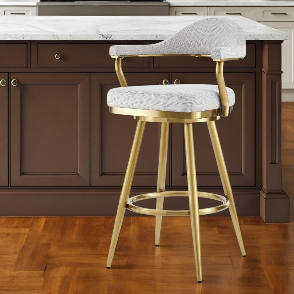 26" Silver and Gold Fabric and Stainless Steel Counter Height Swivel Bar Chair