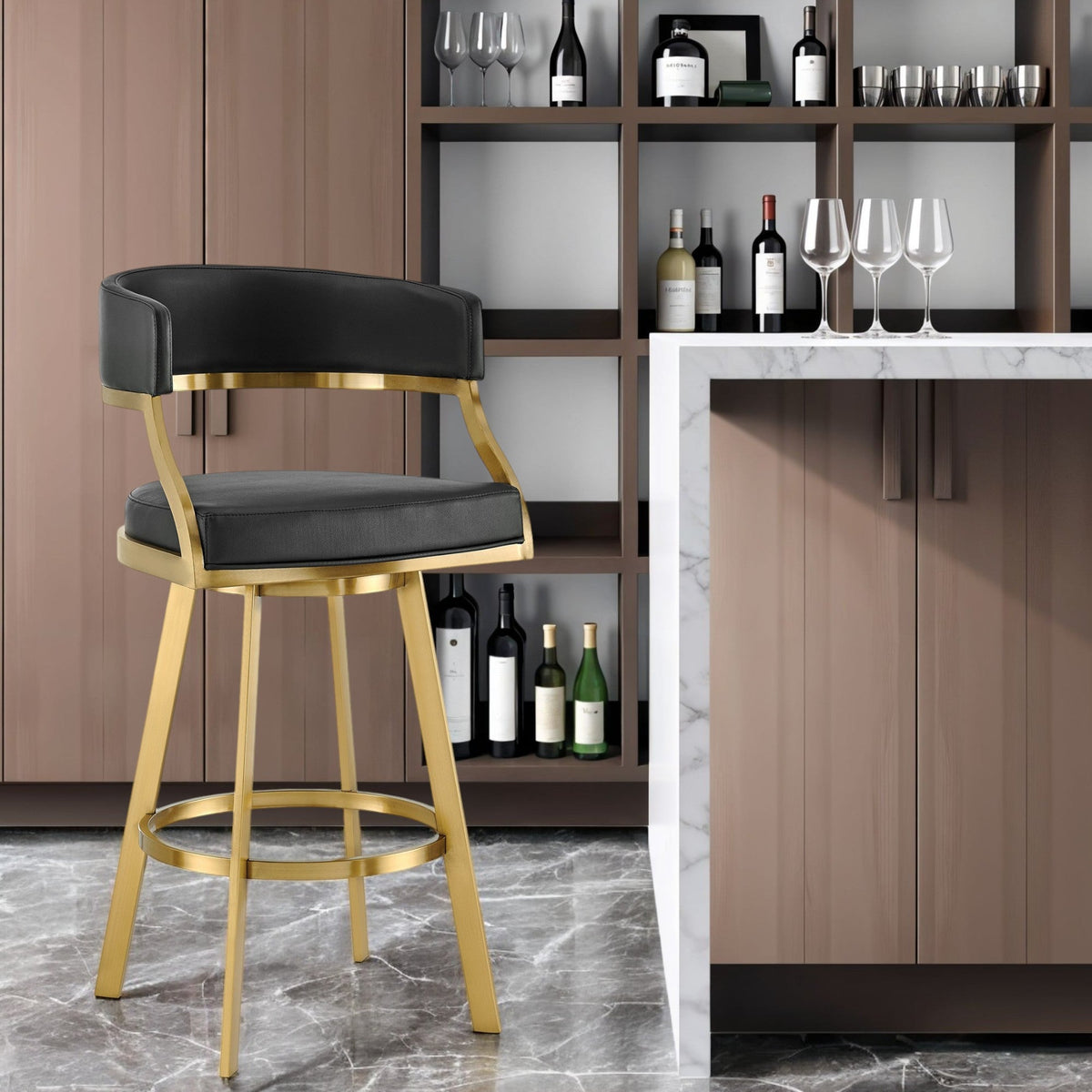 30" Black and Gold Faux Leather and Stainless Steel Low Back Bar Height Swivel Bar Chair