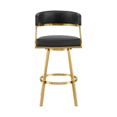 30" Black and Gold Faux Leather and Stainless Steel Low Back Bar Height Swivel Bar Chair