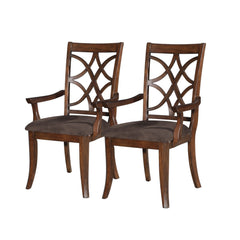 Set of Two Brown Upholstered Microfiber And Solid Wood Open Back Dining Arm Chairs