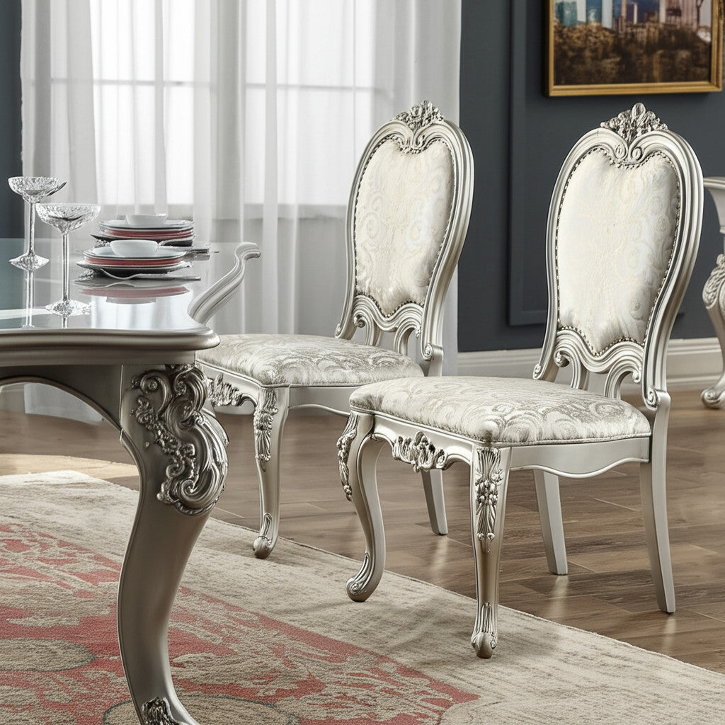 Set of Two Champagne Fabric and Solid Wood Open Back Dining Side Chairs