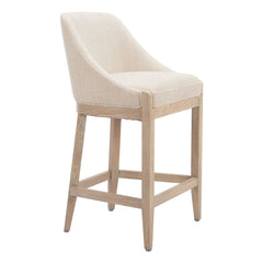 27" Beige and Natural Fabric and Solid Wood Counter Height Bar Chair