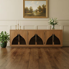 95" Natural Distressed Solid Wood Sideboard with Six Doors