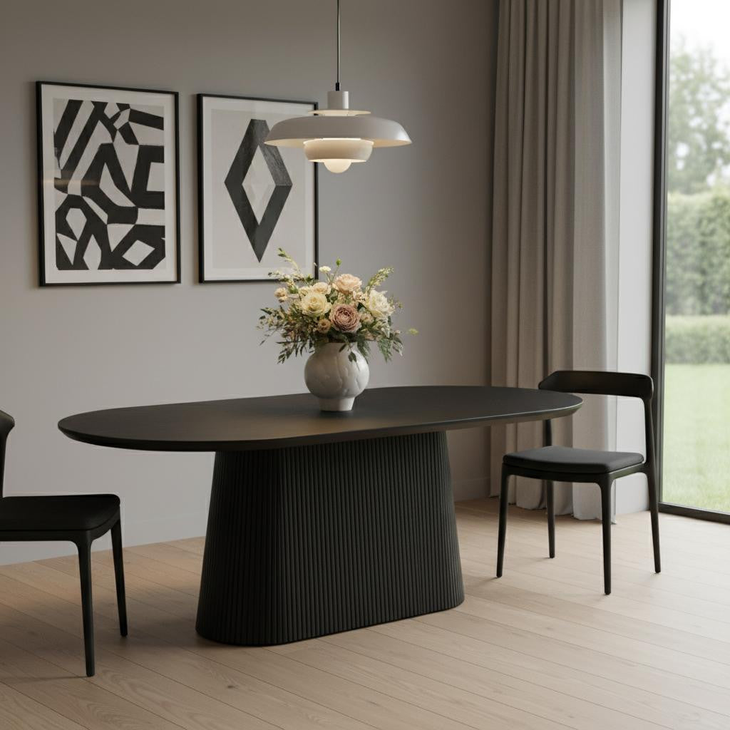 81" Black Solid Wood and Wood Pedestal Base Oval Dining Table