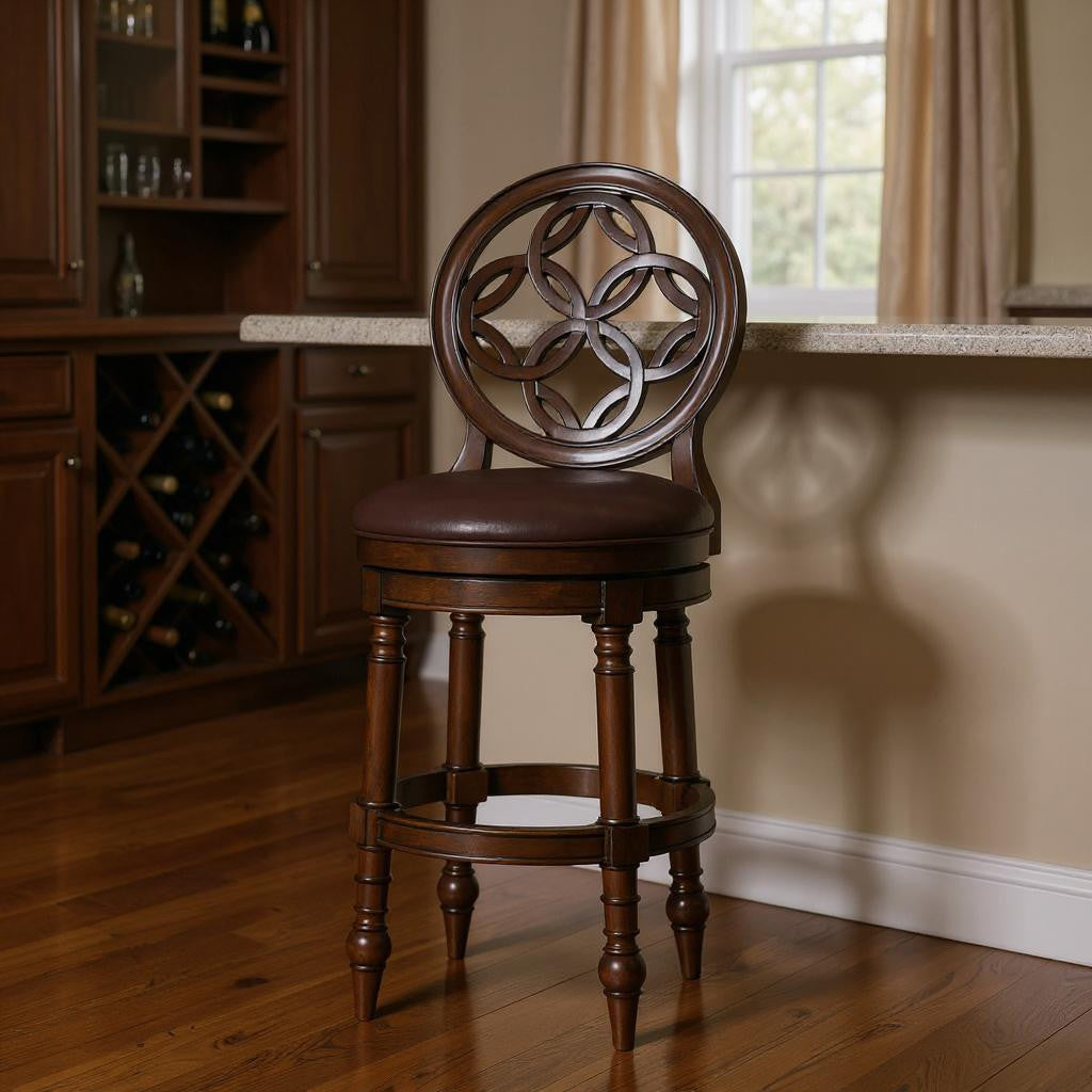 Dark Brown and Walnut Faux Leather and Solid Wood Bar Height Swivel Bar Chair