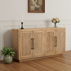 72" Natural Distressed Solid Wood Carved Geometric Sideboard with Four Doors