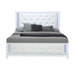 White Faux Crystal Bling Wood And Tufted Cotton Lighted King Bed Frame
