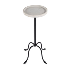 25" White and Black Marble and Iron Round Pedestal End Table