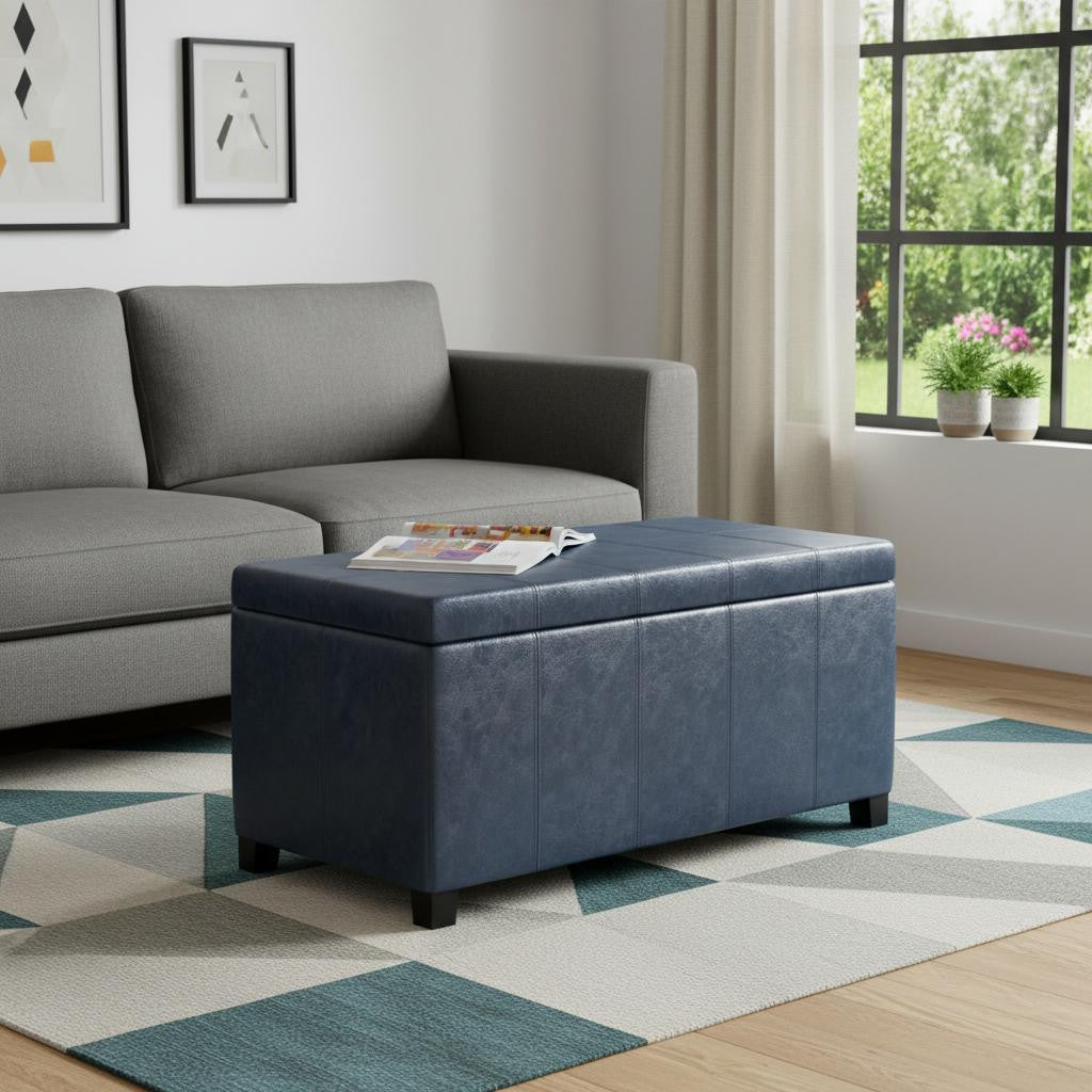 36" Dark Brown and Denim Blue Upholstery Storage Ottoman