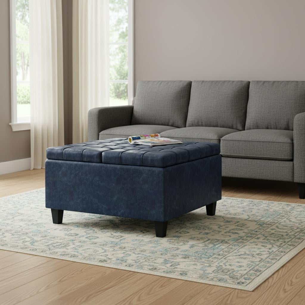 30" Blue and Black Leather Cocktail Ottoman With Storage