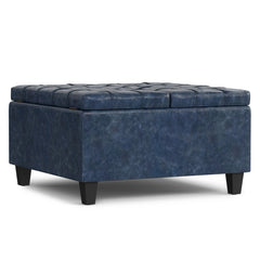 30" Blue and Black Leather Cocktail Ottoman With Storage