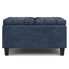 30" Blue and Black Leather Cocktail Ottoman With Storage
