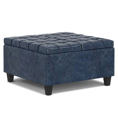 30" Blue and Black Leather Cocktail Ottoman With Storage