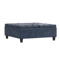 40" Blue and Black Leather Cocktail Ottoman With Storage
