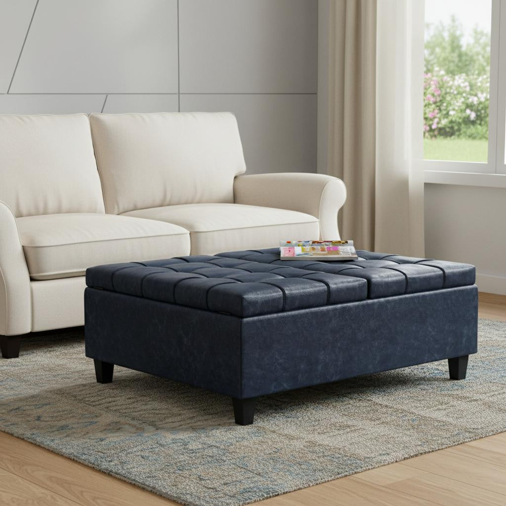 40" Blue and Black Leather Cocktail Ottoman With Storage