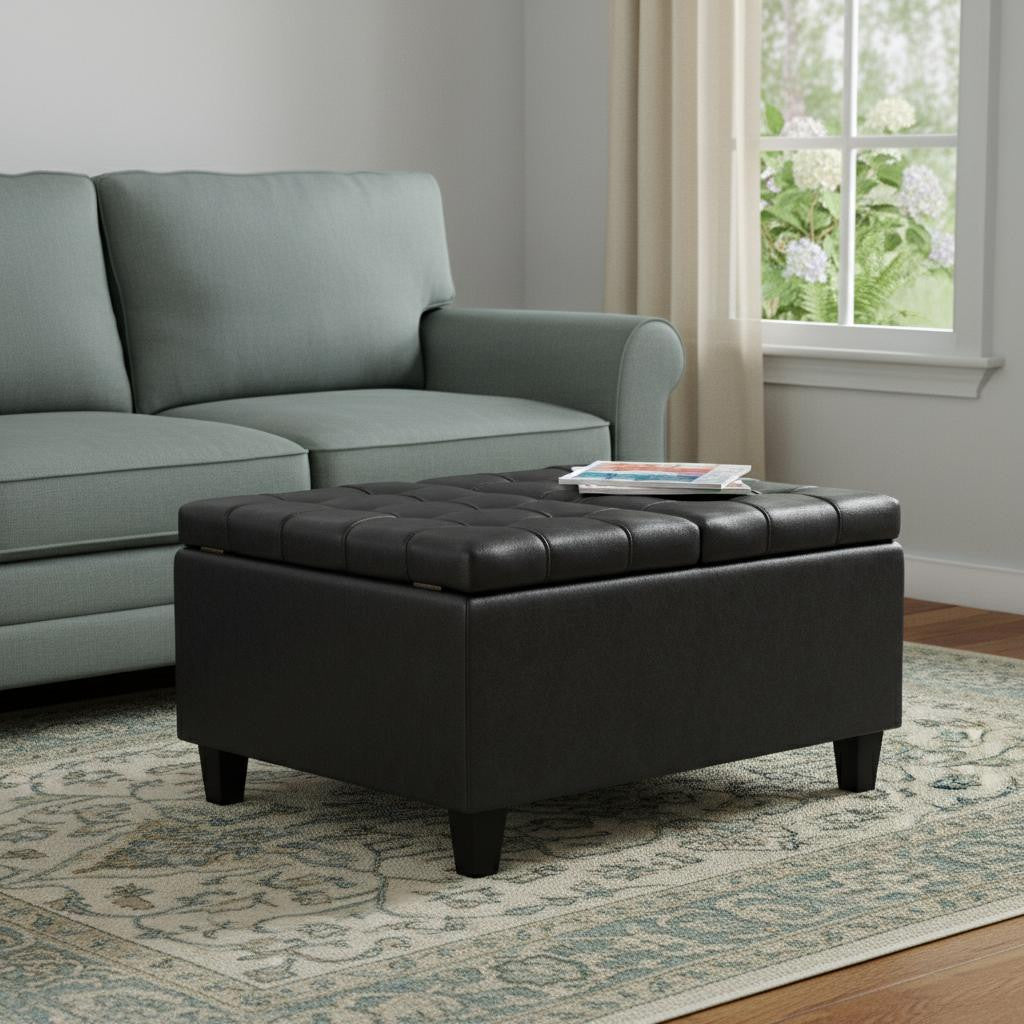 30" Black Leather Cocktail Ottoman With Storage