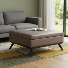 36" Gray and Brown Leather Cocktail Ottoman With Storage
