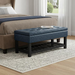 44" Blue and Dark Brown Leather Ottoman With Storage