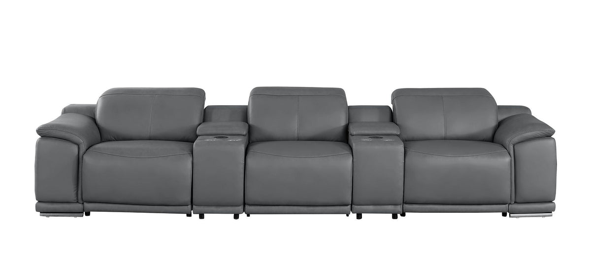 134" Battleship Gray Leather Reclining USB Sofa
