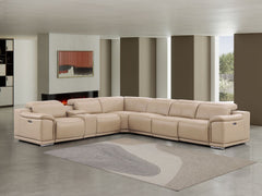 Beige Leather Modular L Shaped Seven Piece Corner Sectional With Console