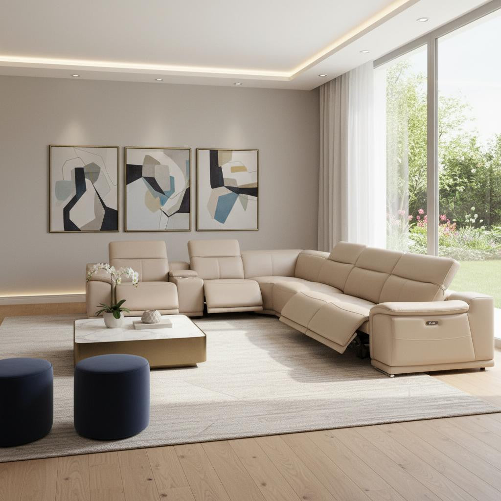 Beige Leather Modular L Shaped Seven Piece Corner Sectional With Console