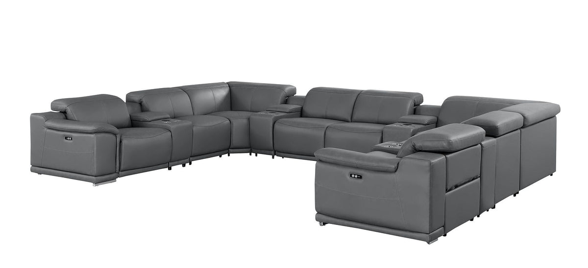 Battleship Gray Leather Modular U Shaped Twelve Piece Corner Sectional With Console