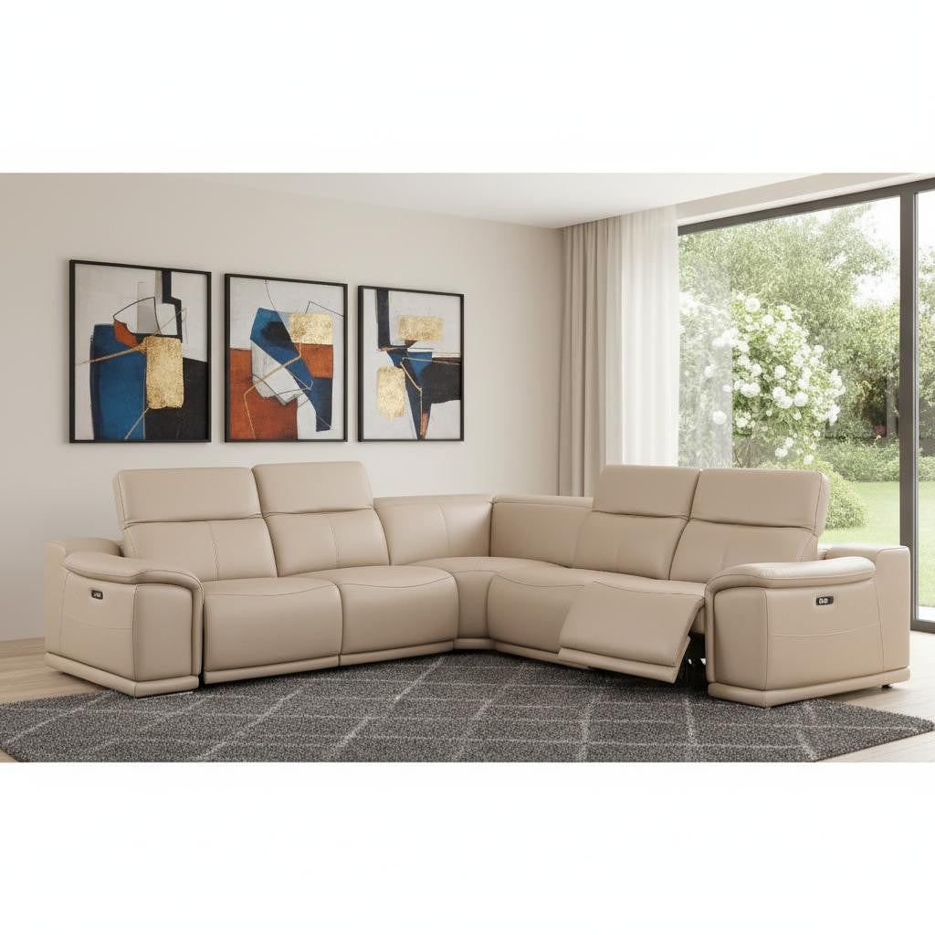 Beige Leather Modular L Shaped Five Piece Corner Sectional