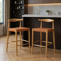 Set of Two 30" Tan Solid Wood and Leather Match Low Back Bar Chairs