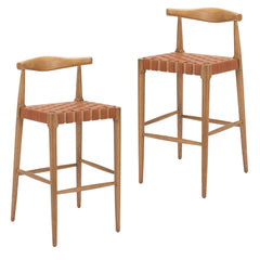 Set of Two 30" Tan Solid Wood and Leather Match Low Back Bar Chairs